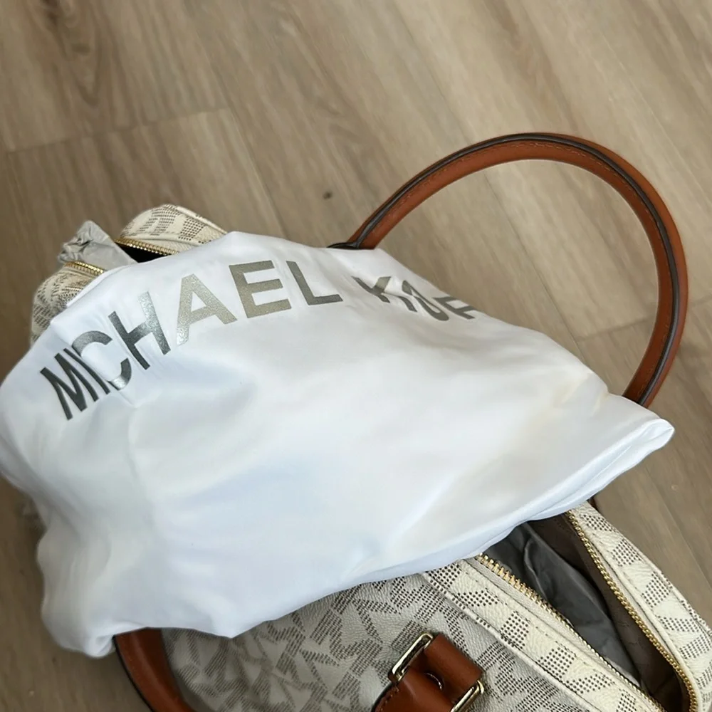 Michael Kors Monogram Cream and Brown Satchel jet travel bag
